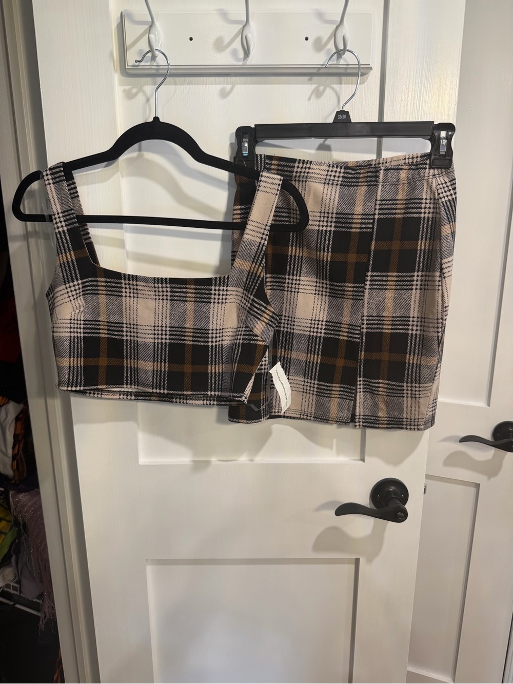 Plaid Mini Skirt Set in Beige, Black, and Brown: Mystique Boutique.